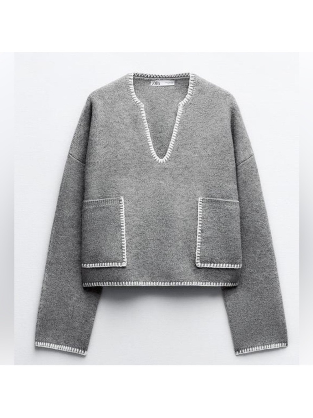 Zara Felicity Knit Sweater Size S Grey Cross Stitched V Neck